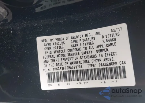 2017 Honda Accord Touring V6 from USA, damaged, VIN 1HGCR3F99HA029708